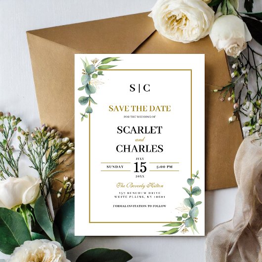 Eukalyptus-Grün Geometric Floral Hochzeit Save The Date