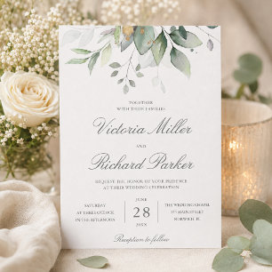 Eukalyptus Grün Gold Blätter Elegante Hochzeit Einladung