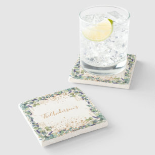 Eukalyptus Grün Gold Glitter Familienname Steinuntersetzer