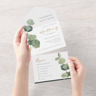 EUKALYPTUS GRÜN GOLD LAUB WASSERFARBE HOCHZEIT  ALL IN ONE EINLADUNG