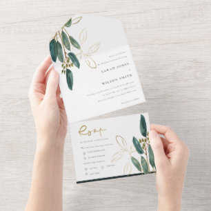 Eukalyptus Grün Gold Laub Wasserfarbe Hochzeit All In One Einladung