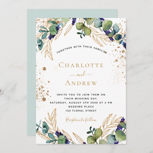 Eukalyptus-Grün - Hochzeit Glitzer Einladung (Vorne/Hinten)