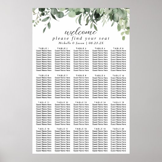Eukalyptus-Grün-Hochzeits-Sitzplan 20 Tisch Poster (Vorne)
