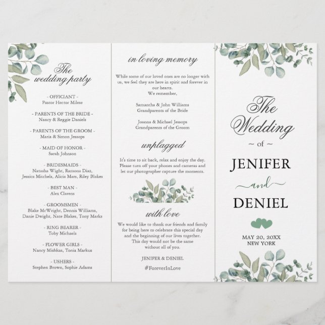 Eukalyptus-Grün-Hochzeitsprogramm  (Vorderseite)