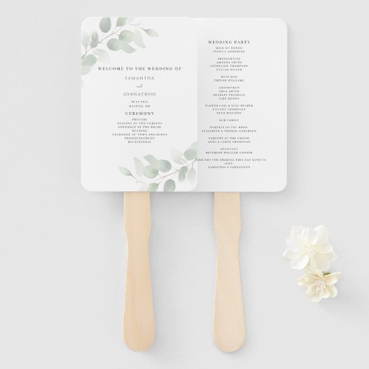 Eukalyptus-Grün-Hochzeitsprogramm Fächer (Vorne und Hinten)
