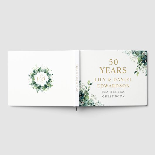 Eukalyptus Grün Monogramm 50. Hochzeitstag Gästebuch (Voll)