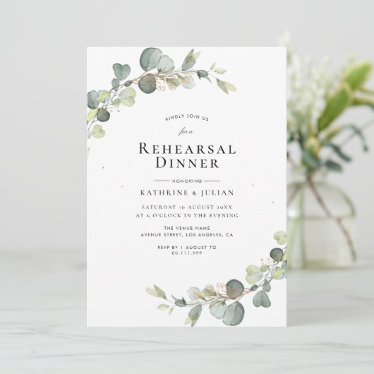 Eukalyptus grün Probe Dinner Einladung (Stehend Vorderseite)