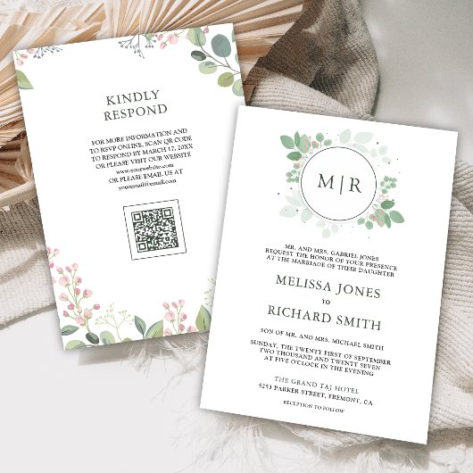 Eukalyptus-Grün-QR-Code-Hochzeit Einladung