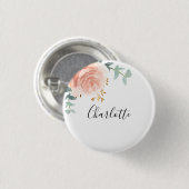 Eukalyptus-Grün-Roségold-florales Namensschild Button (Vorne & Hinten)