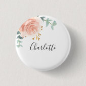 Eukalyptus-Grün-Roségold-florales Namensschild Button (Vorderseite)