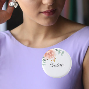 Eukalyptus-Grün-Roségold-florales Namensschild Button