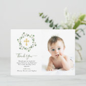 Eukalyptus-Grün und kreuzen | Taufe-Foto Dankeskarte (Stehend Vorderseite)