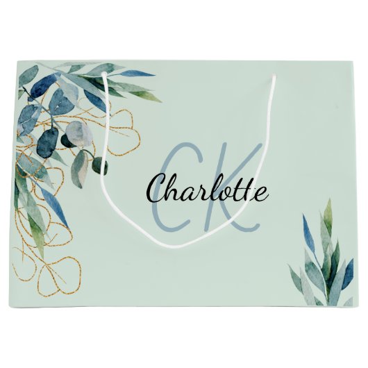 Eukalyptus Grünblättrige Monogramm-Initialen Große Geschenktüte (Vorderseite)