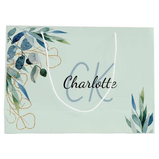 Eukalyptus Grünblättrige Monogramm-Initialen Große Geschenktüte (Rückseite)