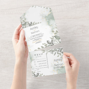 Eukalyptus grüne & goldene Aquarell-Hochzeit All In One Einladung