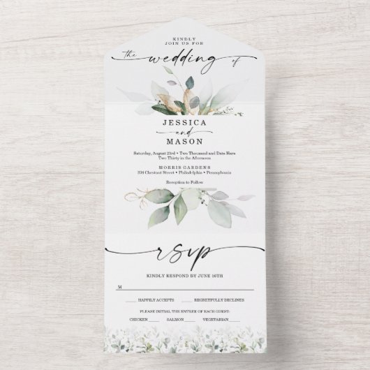 Eukalyptus-Grüne mit Goldhochzeit All In One Einladung (Innen Boden)