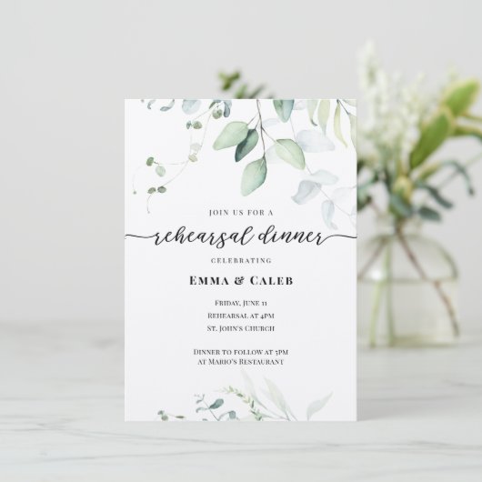 Eukalyptus Grüne Probe Abendessen Einladung (Stehend Vorderseite)