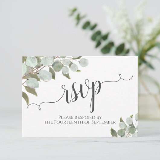 Eukalyptus & Grüne Wasserfarbe Rustikale Hochzeit RSVP Karte (Stehend Vorderseite)