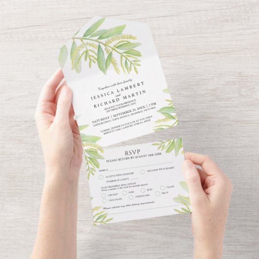 Eukalyptus-grüne Wasserfarbenmahlzeit UAWG All In One Einladung (Abreißen)