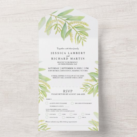 Eukalyptus-grüne Wasserfarbenmahlzeit UAWG All In One Einladung (Innen Boden)