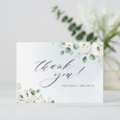 Eukalyptus-Grüne, weiße Blüte rustikal Dankeskarte (Stehend Vorderseite)