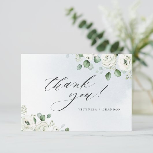 Eukalyptus-Grüne, weiße Blüte rustikal Dankeskarte (Stehend Vorderseite)