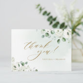 Eukalyptus-Grüne, weiße Blüte rustikale Hochzeit Dankeskarte (Stehend Vorderseite)