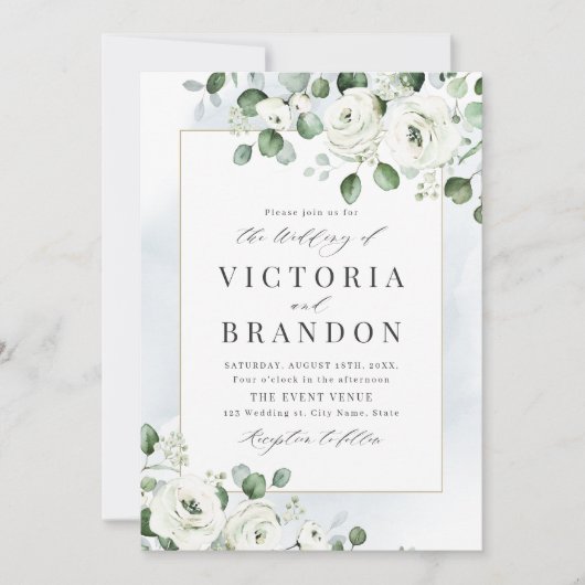 Eukalyptus-Grüne, weiße Blüte rustikale Hochzeit Einladung (Vorderseite)