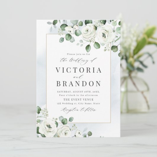 Eukalyptus-Grüne, weiße Blüte rustikale Hochzeit Einladung (Stehend Vorderseite)