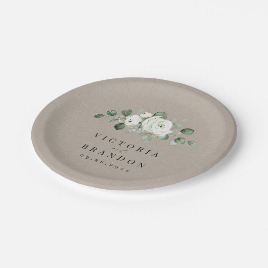 Eukalyptus Grüne weiße Blütenhochzeit Pappteller (Schrägansicht)