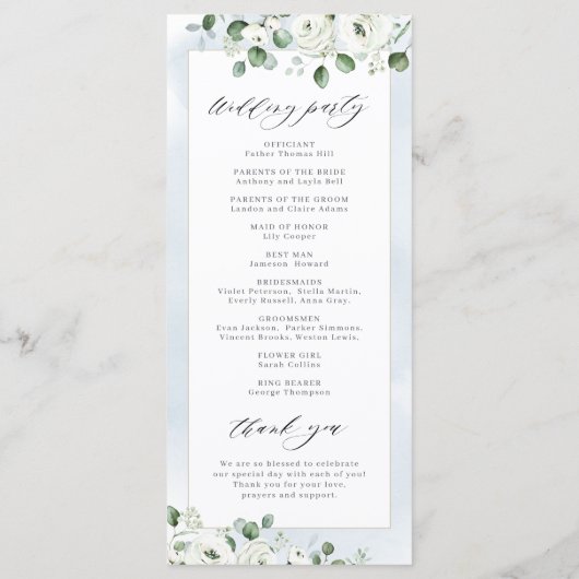 Eukalyptus Grüne weiße Blütenhochzeit Programm (Rückseite)