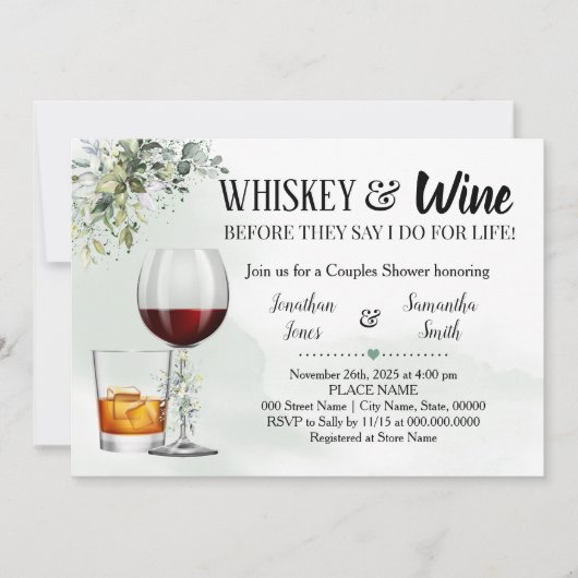 Eukalyptus-Grüne Whiskey & Wine Paare Dusche Einladung (Vorderseite)