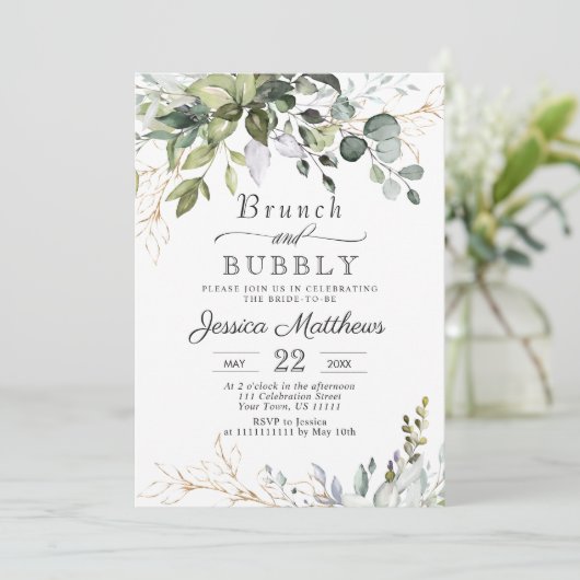 Eukalyptus Grüner Brunch & Bubble Einladung (Stehend Vorderseite)