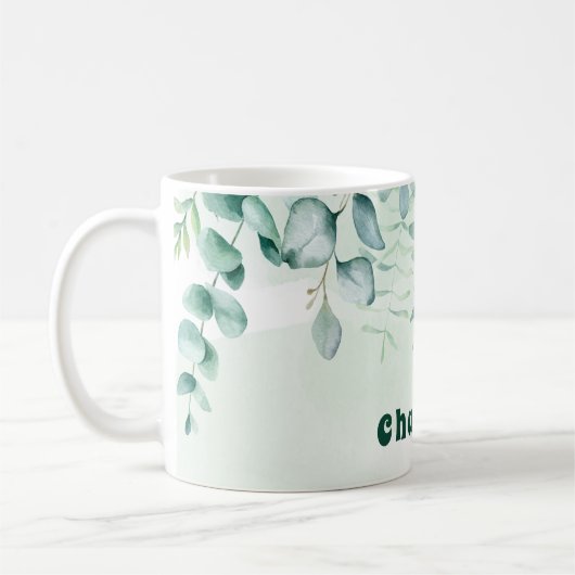 Eukalyptus grünes Blattwerk, grüne Bezeichnung Kaffeetasse (Links)