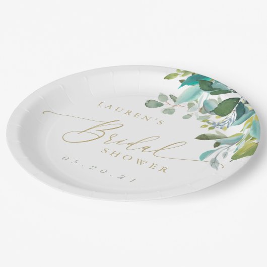 Eukalyptus-Grünes Brautparty Pappteller (Schrägansicht)