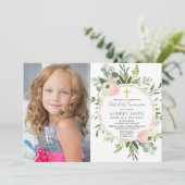 Eukalyptus-grünes, rosa Foto Einladung (Stehend Vorderseite)