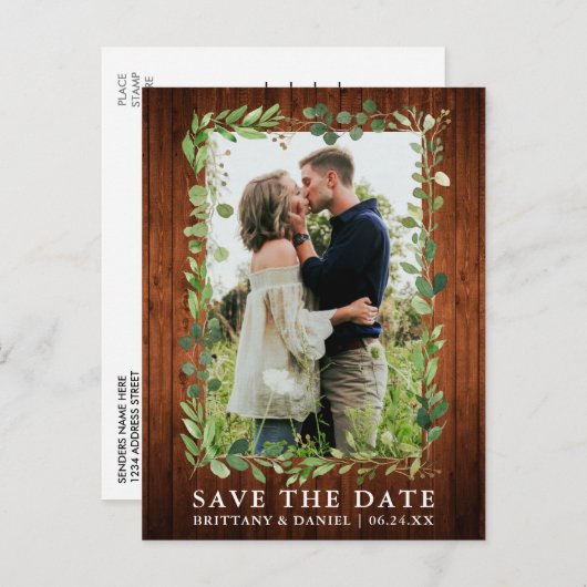 Eukalyptus Grünholz Save the Date Postkarte (Vorne/Hinten)