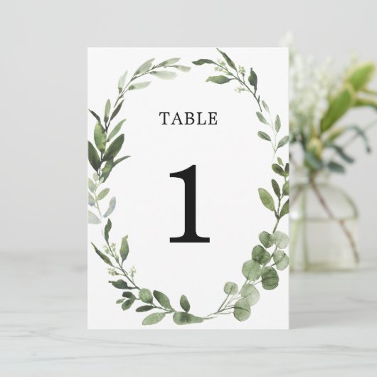 Eukalyptus-Grünkranz mit eleganten Tischnummern (Stehend Vorderseite)