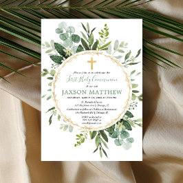 Eukalyptus-Grünpflanzen des ersten Heiligen Kommun Einladung