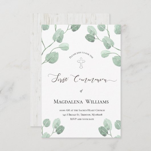 Eukalyptus-Grünpflanzen Kommunion Einladung (Vorne/Hinten)