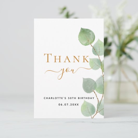 Eukalyptus-Grünpflanzen zum Geburtstag elegant Dankeskarte (Stehend Vorderseite)