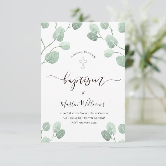 Eukalyptus-Grüntaufe Einladung (Stehend Vorderseite)