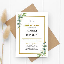 Eukalyptus-Grünzeug geometrische florale Hochzeit Save The Date