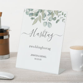 Eukalyptus-Grünzeug-Hochzeit Hashtag-Schild Sockelschild