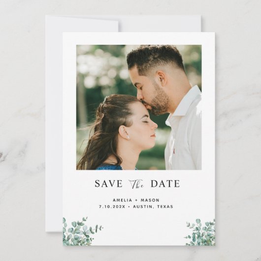 Eukalyptus-Grünzeug-Hochzeit Save The Date (Vorderseite)