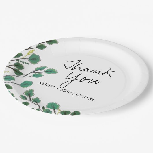 Eukalyptus Hand Drawn Leaf Vielen Dank Pappteller (Schrägansicht)