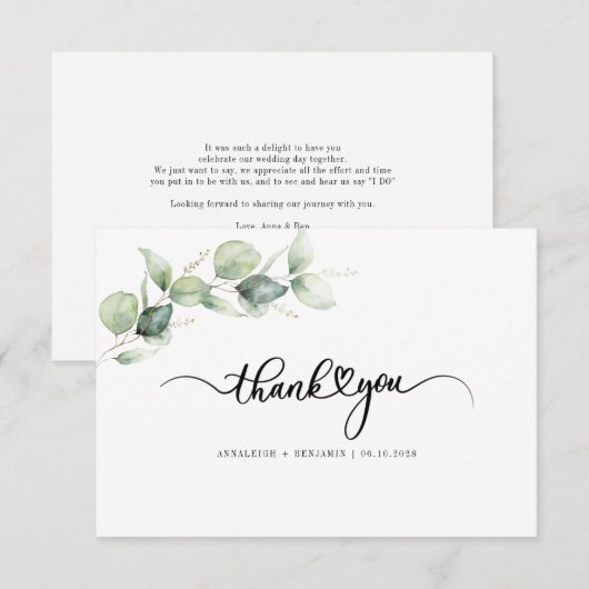 Eukalyptus Hand Lettered Greenery Wedding Dankeskarte (Vorne/Hinten)