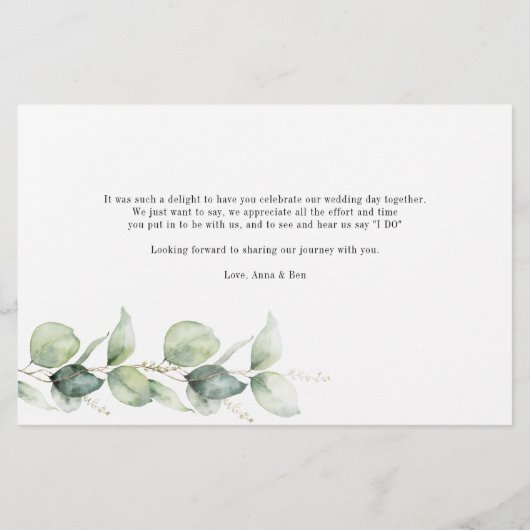 Eukalyptus Hand Lettered Wedding Danke Briefpapier (Rückseite)