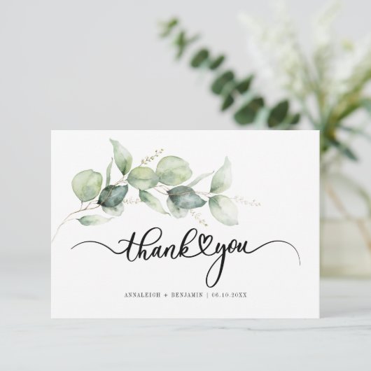 Eukalyptus Hand Lettered Wedding Dankeschön Card (Stehend Vorderseite)