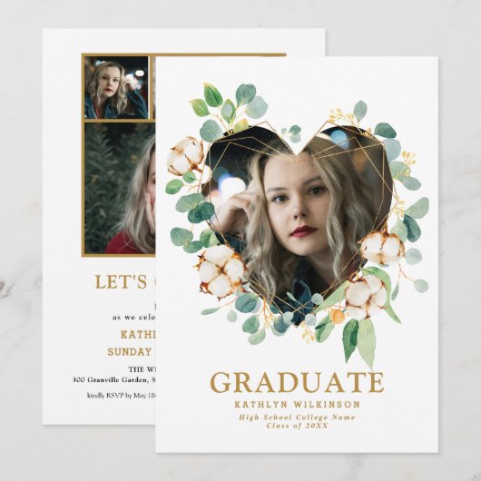 Eukalyptus Heart Wreath Gold Geometric Foto Grad Einladung (Vorne/Hinten)